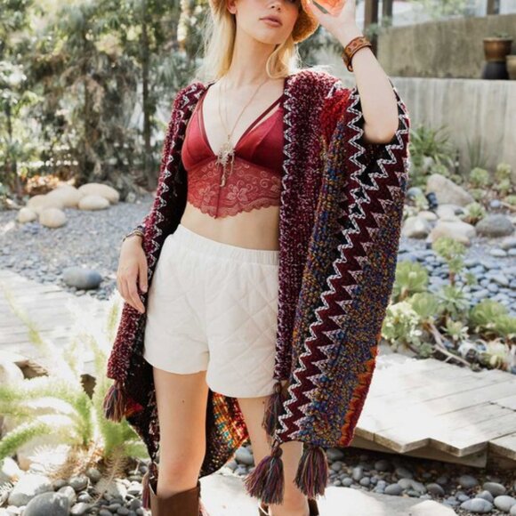 New Bohemian Loom Moroccan Knit Tasseled Handmade Poncho Cardigan Sweater - Picture 1 of 7
